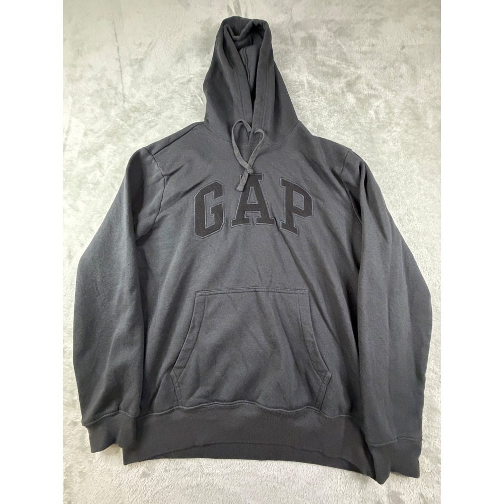 GAP Pullover Hoodie Mens Large Black Applique Logo Long Sleeve Fleece Sweatshirt
